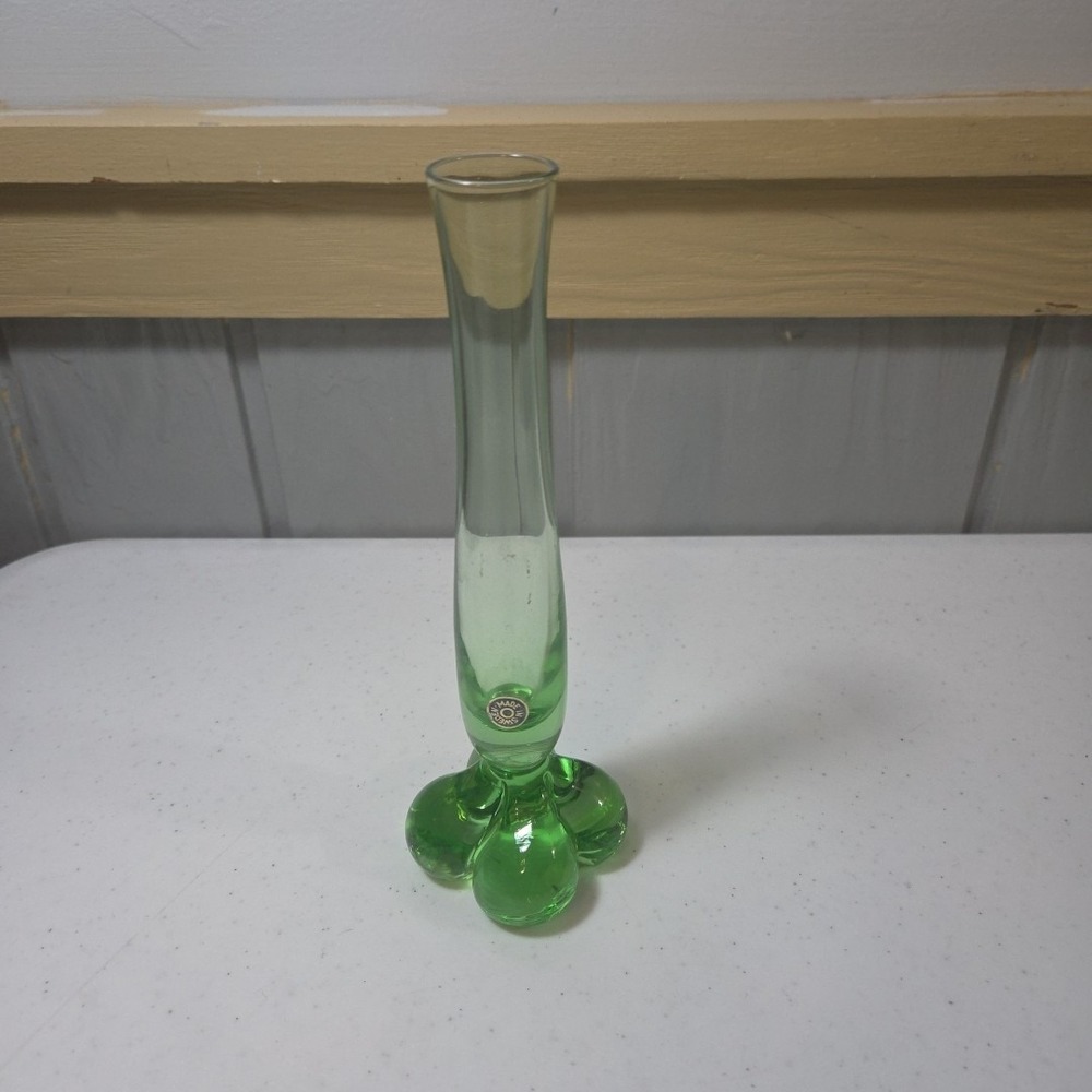 Emerald Green Art Glass Bud Vase  Sweden MCM Style Elephant Foot Paperweight